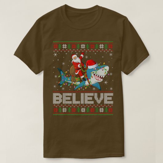 Xmas Lichter Hai glauben Ugly Santa Riding Hai T-Shirt (Design vorne)