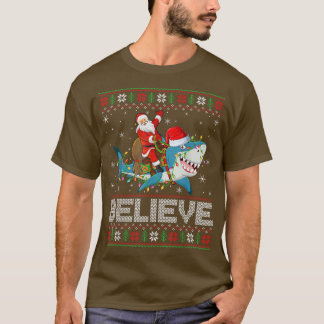 Xmas Lichter Hai glauben Ugly Santa Riding Hai T-Shirt