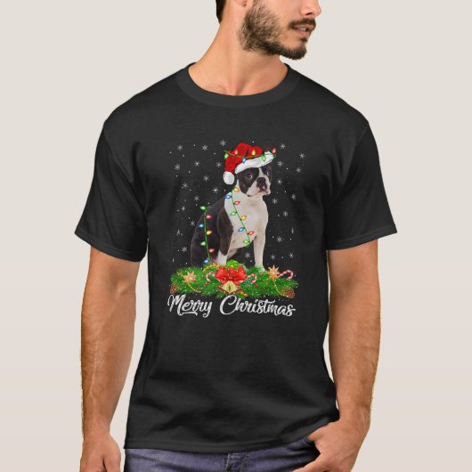 Xmas Lighting Decor Santa Hat Boston Terrier Dog C T-Shirt (Vorderseite)