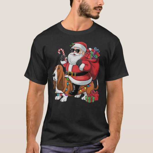 Xmas Lighting Funny Santa Riding Basset Hound Dog T-Shirt (Vorderseite)