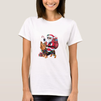 Xmas Lighting Santa Riding Yorkshire Terrier Dog C T-Shirt