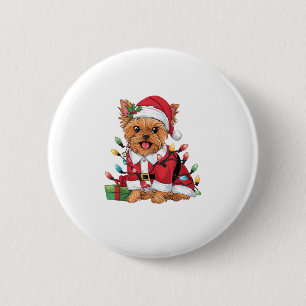 Xmas Lighting Santa Yorkie Dog Weihnachten Button