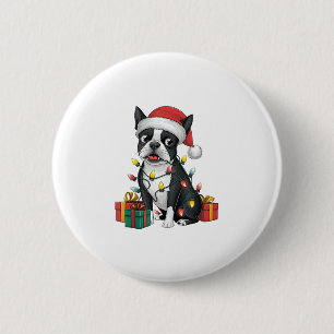 Xmas Lighting Weihnachtsmannmütze Boston Terrier D Button