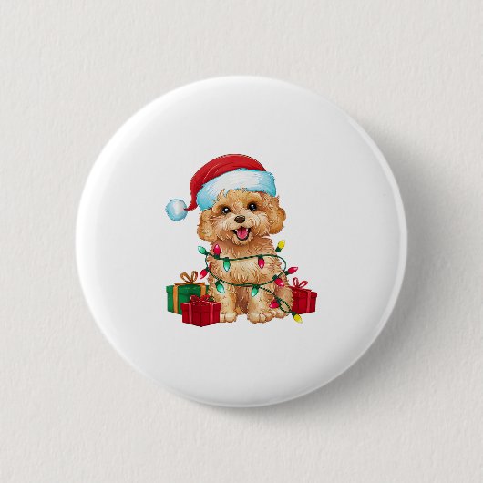 Xmas Lighting Weihnachtsmannmütze Maltipoo Dog Wei Button (Vorderseite)