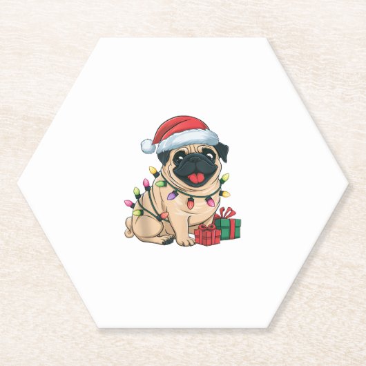 Xmas Lighting Weihnachtsmannmütze Mops Hunde Weihn Untersetzer (Vorderseite)