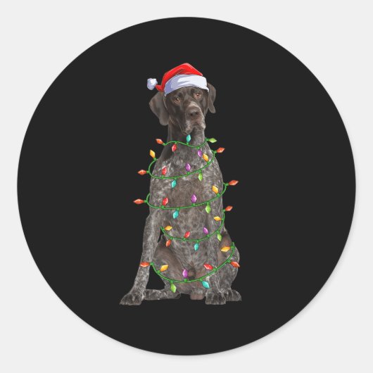 Xmas Lights Santa German Shorthaired Inter Dog Chr Runder Aufkleber (Vorderseite)