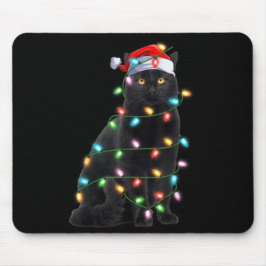 Xmas Lights Santa Hat Black Cat Christmas Mousepad (Vorne)