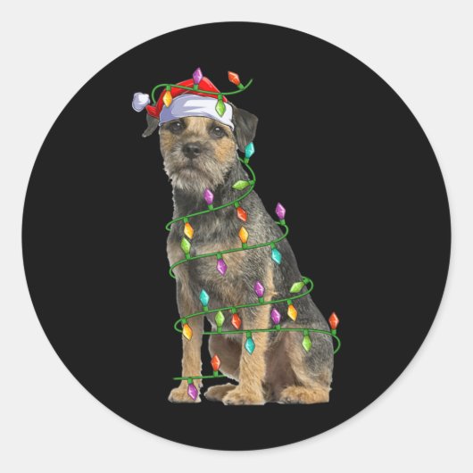 Xmas Lights Santa Hat Border Terrier Dog Christmas Runder Aufkleber (Vorderseite)