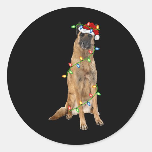 Xmas Lights Santa Hat Malinois Dog Christmas Premi Runder Aufkleber (Vorderseite)