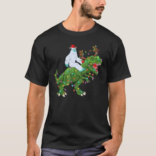 Xmas Lights Santa Yeti Riding Dinosaur Trex Christ T-Shirt (Vorderseite)