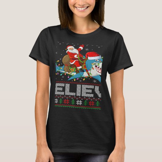 Xmas Lights Shark Believe Ugly Santa Riding Shark  T-Shirt (Vorderseite)