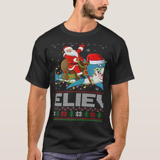 Xmas Lights Shark Believe Ugly Santa Riding Shark T-Shirt (Vorderseite)
