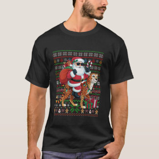 Xmas Lights Ugly Style Santa Riding Cheetah Christ T-Shirt