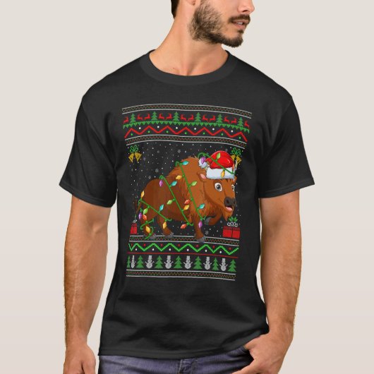 Xmas Lights Ugly Sweater Style Santa Bison Christm T-Shirt (Vorderseite)