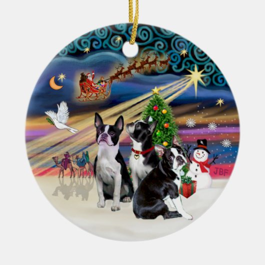 Xmas Magic - Boston Terriers (drei) Keramik Ornament (Vorne)
