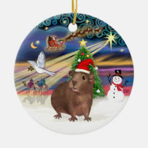 Xmas Magic - Braunes Meerschweinchen (Santa-Hut) Keramikornament