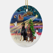 Xmas Magic - Dobermans (ZWEI-blau-rot) Keramik Ornament (Rechts)