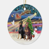 Xmas Magic - Dobermans (ZWEI-blau-rot) Keramik Ornament (Links)