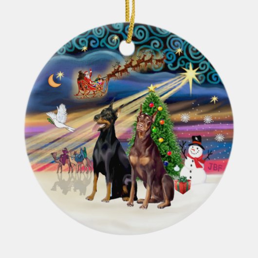 Xmas Magic - Dobermans (ZWEI-blau-rot) Keramikornament (Vorne)
