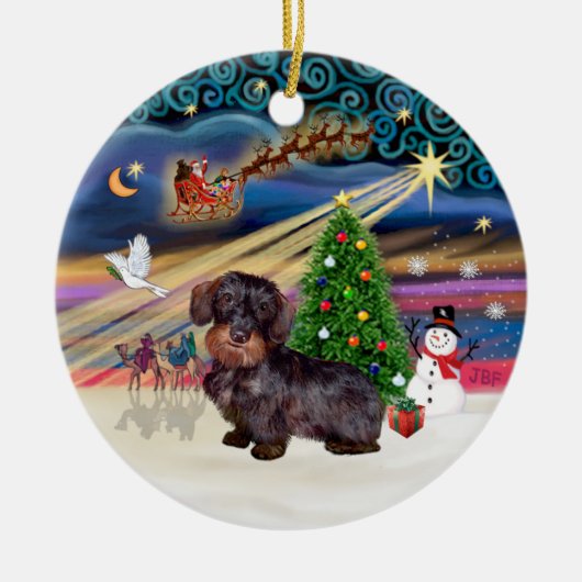 Xmas Magic - Drahthaarige Dackel Keramikornament (Vorne)