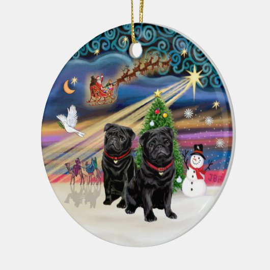Xmas Magic - Mops (ZWEI schwarz) Keramik Ornament (Links)