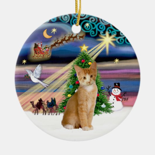 Xmas Magic - Orange - weiße Tablette Katze 40 Keramikornament (Vorne)