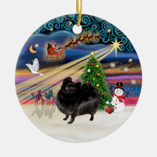 Xmas Magic - Pomeranian (schwarzer Stand) Keramik Ornament (Vorne)