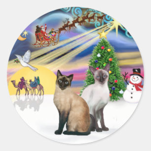 Xmas Magic (R) - Zwei Siamkatzen Runder Aufkleber