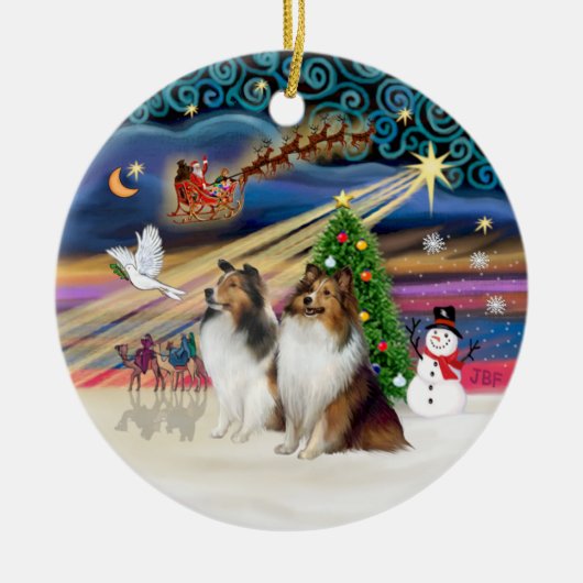 Xmas Magic - Shelties (ZWEI Einmalweiß) Keramik Ornament (Vorne)