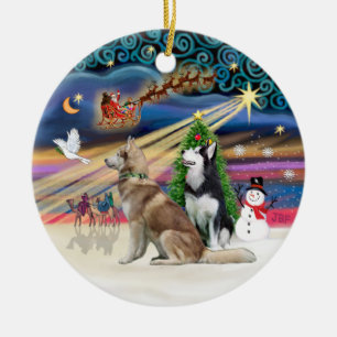 Xmas Magic - Sibirische Huskys (Rot + SW) Keramikornament