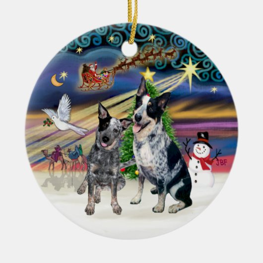 Xmas Magic - Zwei australische Rinder-Hunde Keramik Ornament (Vorne)