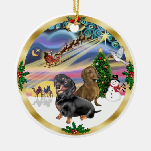 Xmas Magic - Zwei Dackeln (bl+rd) Keramikornament (Vorne)
