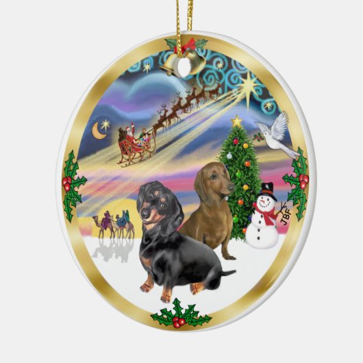 Xmas Magic - Zwei Dackeln (bl+rd) Keramikornament (Links)