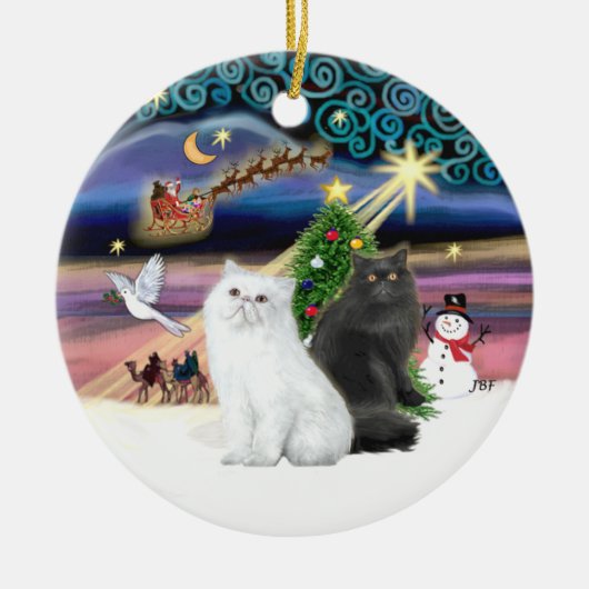 Xmas Magic - Zwei persische Katzen (weiß + schwarz Keramik Ornament (Vorne)