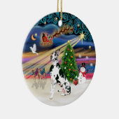 Xmas Magie - Harlequin Great Dane Keramikornament (Rechts)