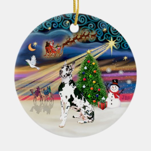 Xmas Magie - Harlequin Great Dane Keramikornament (Vorne)