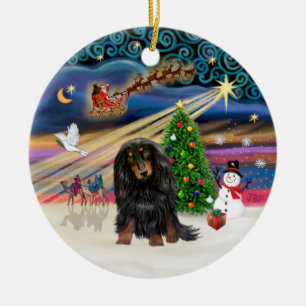 Xmas-Magie - Langhaar-Dachshund (Schwarz-Tan) Keramikornament