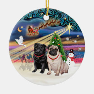 Xmas-Magie - Möpse (ZWEI-fuchsfarben+schwarz) Keramikornament