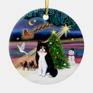 Xmas-Magie - Schwarz-Weiß-Katze Keramikornament