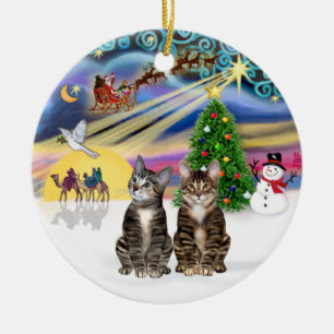 Xmas Magie - Zwei braune Tabby-Katzen Keramik Ornament