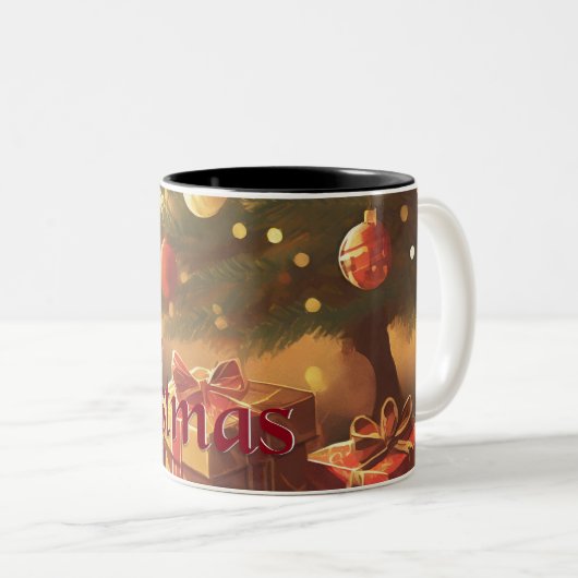 Xmas Motif, mit Geschenken unter dem Weihnachtsbau Zweifarbige Tasse (VorderseiteRechts)