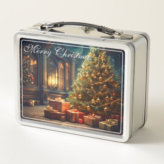 Xmas Motif mit Geschenken unter dem Weihnachtsbaum Metall Brotdose (Rückseite)