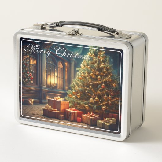 Xmas Motif mit Geschenken unter dem Weihnachtsbaum Metall Brotdose (Vorderseite)
