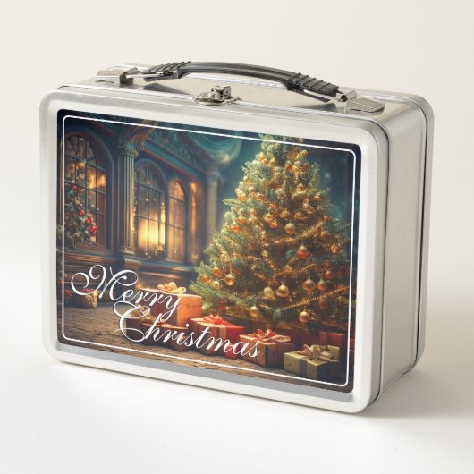 Xmas Motif mit Geschenken unter dem Weihnachtsbaum Metall Brotdose (Vorderseite)