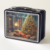 Xmas Motif mit Geschenken unter dem Weihnachtsbaum Metall Brotdose (Rückseite)