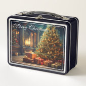 Xmas Motif mit Geschenken unter dem Weihnachtsbaum Metall Brotdose (Vorderseite)