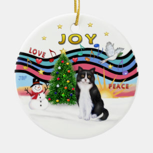Xmas Music #1 - Black and White cat Keramik Ornament