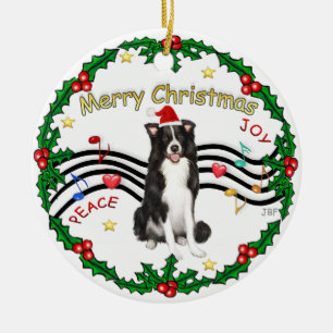 Xmas Musik 1 - Border Collie (Santa-Hut) Keramikornament
