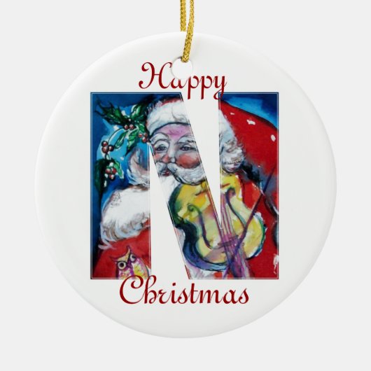 XMAS N SCHREIBEN /SANTA CLAUS MIT VIOLIN MONOGRAMM KERAMIK ORNAMENT (Vorne)