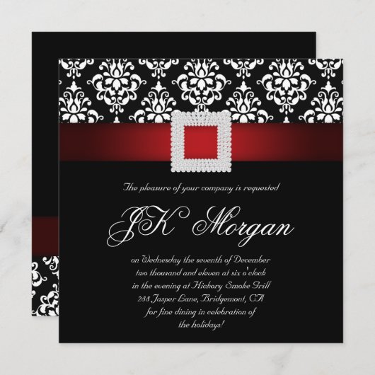 Xmas Office Party Einladung Juwelen Red Schwarz-we (Vorne/Hinten)